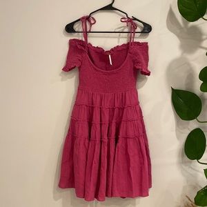 Free People Magenta Skater Dress W/ POCKETS Off-Shoulder Tie Straps Stretch XS